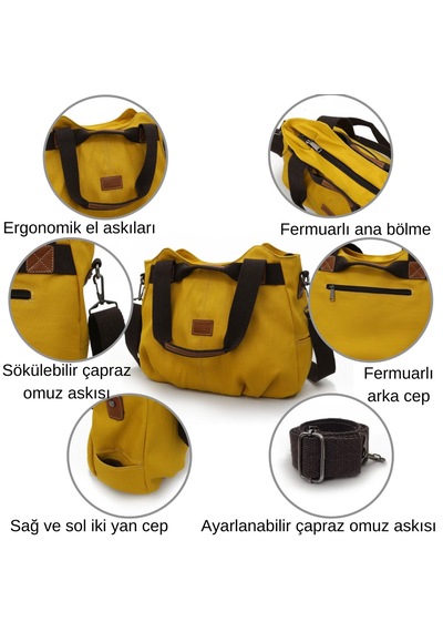 Cappadocia Vintage 3212 Demeter Kadın Omuz El Günlük Tote Cepli %100 Pamuk Kanvas Çapraz Çanta Hardal
