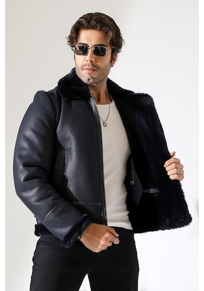 M M Marki Marki Erkek Hakiki Deri Mont, Lacivert, İçi , 70 Cm, Fermuarlı, Klasik
