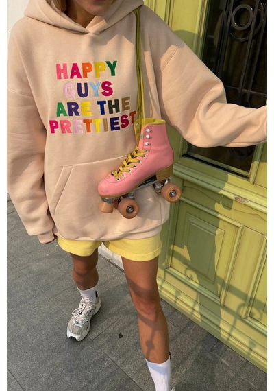 Bej Renkli Nakışlı Bisiklet Yaka Sweatshirt Mg1574