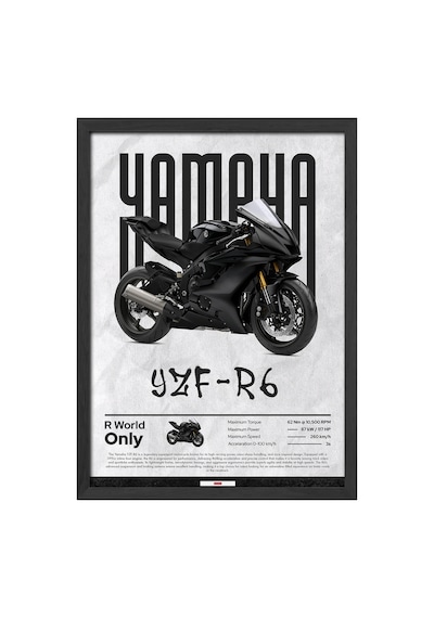 Yamaha Yzf-r6 Siyah Ahşap Çerçeveli Poster, Dekoratif Motosiklet Duvar Tablosu