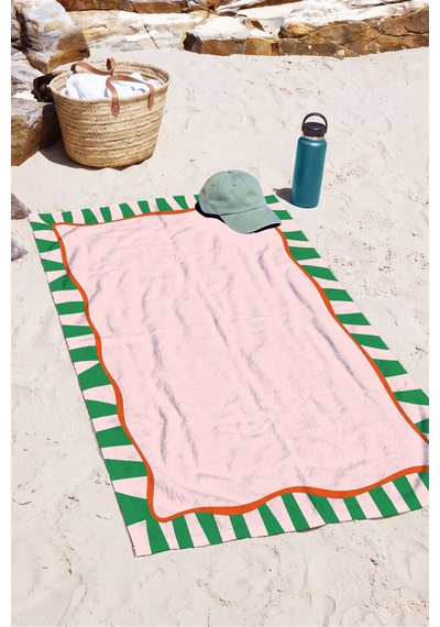 Çizgili Modern Pembe Yeşil Plaj Havlusu-akdeniz Stil Turuncu Detaylı Hızlı Kuruyan Mikrofiber Havlu Köpük Kabuğu