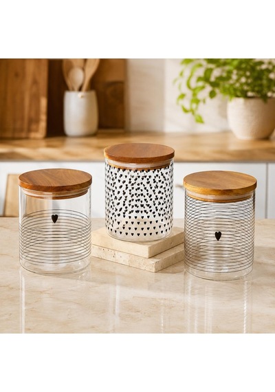 3'lü Heart Desenli Cam Kavanoz Seti 800 Ml, Ahşap Kapaklı Şeffaf Erzak Saklama Kabı, Kahve Kurabiye Şeker Baharat Kuruyemiş Ve Atıştırmalık Kavanozu Çok Renkli