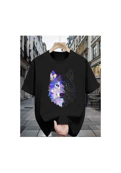 Panda Baskı Tekstil Neon Kurt Baskılı Özel Tasarım Oversize Tshirt Siyah