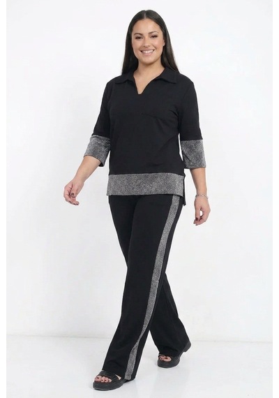 By Saygı Kadın Polo Yaka Çeyrek Kol Bluz Beli Lastikli Bol Paça Pantolon Cepli Büyük Beden Simli 2'li Takım Siyah By Saygı Kadın Polo Yaka Çeyrek Kol Bluz Beli Lastikli Bol Paça Pantolon Cepli Büyük Beden Simli 2'li Takım Siyah