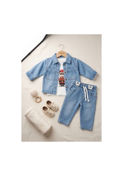 Deniva Kids Erkek Bebek Kot Ceket Sweatshirt Ve Pantolon 3'lü Kot Takım Baskılı Sweat Takım Mavi