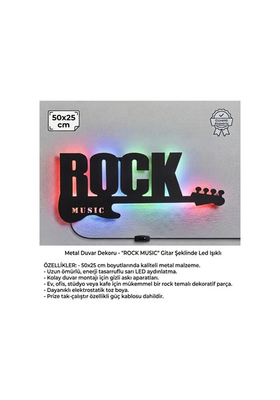 Işıklı Ahşap Duvar Dekoru 50x25 Cm Rock Music Gitar