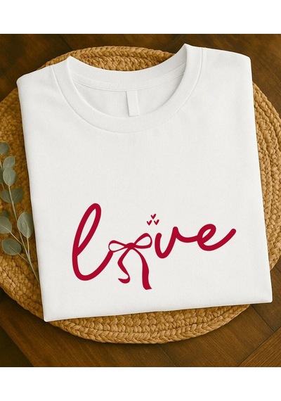 Aselinda Love Baskılı Kısa Kollu Bisiket Yaka Pamuklu Tişört Beyaz