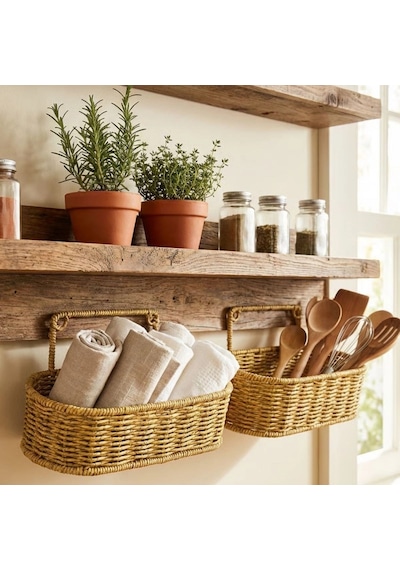2 Li Duvar Askılı Plastik Rattan Organizer Oval Hasır Görünümlü Mutfak Raf Sepeti, Banyo Ve Ev İçi Düzen Renkli