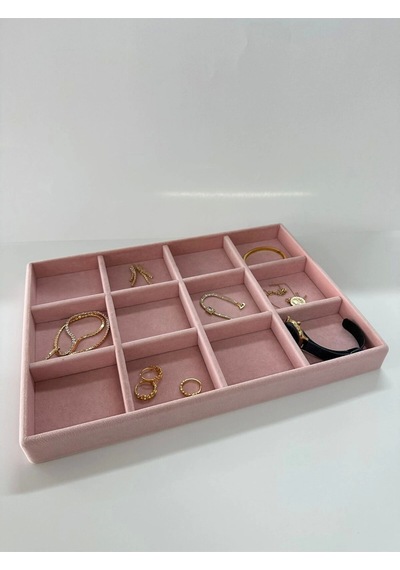 Yerli Üretim Süet Kumaş Pembe Renk 34 Cm / 24 Cm 12 Bölmeli Çekmece Içi Takı Standı Çok Renkli