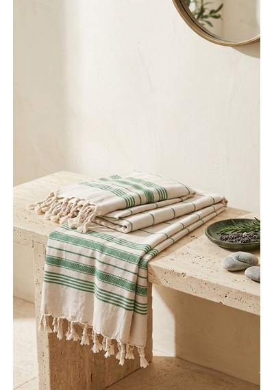 Pamuk Peştemal 100x180 Cm Çizgili Plaj Havlusu, Hamam Havlusu, Sauna Havlusu, Çok Amaçlı Kullanım Yeşil