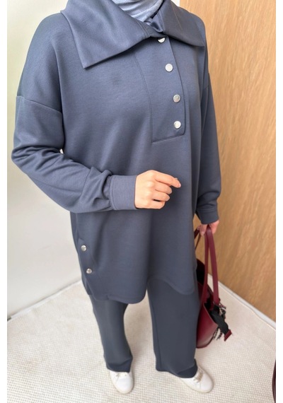 Mihran Butik Soho Elegance Yaka Detaylı Kadın Tesettür Alt Üst Takım Antrasit