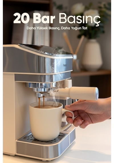 Fressi Espresso Latte Cappuccino Kahve Makinesi Otomatik Süt Tanklı 20bar Basınçlı Lavante Krem 4506