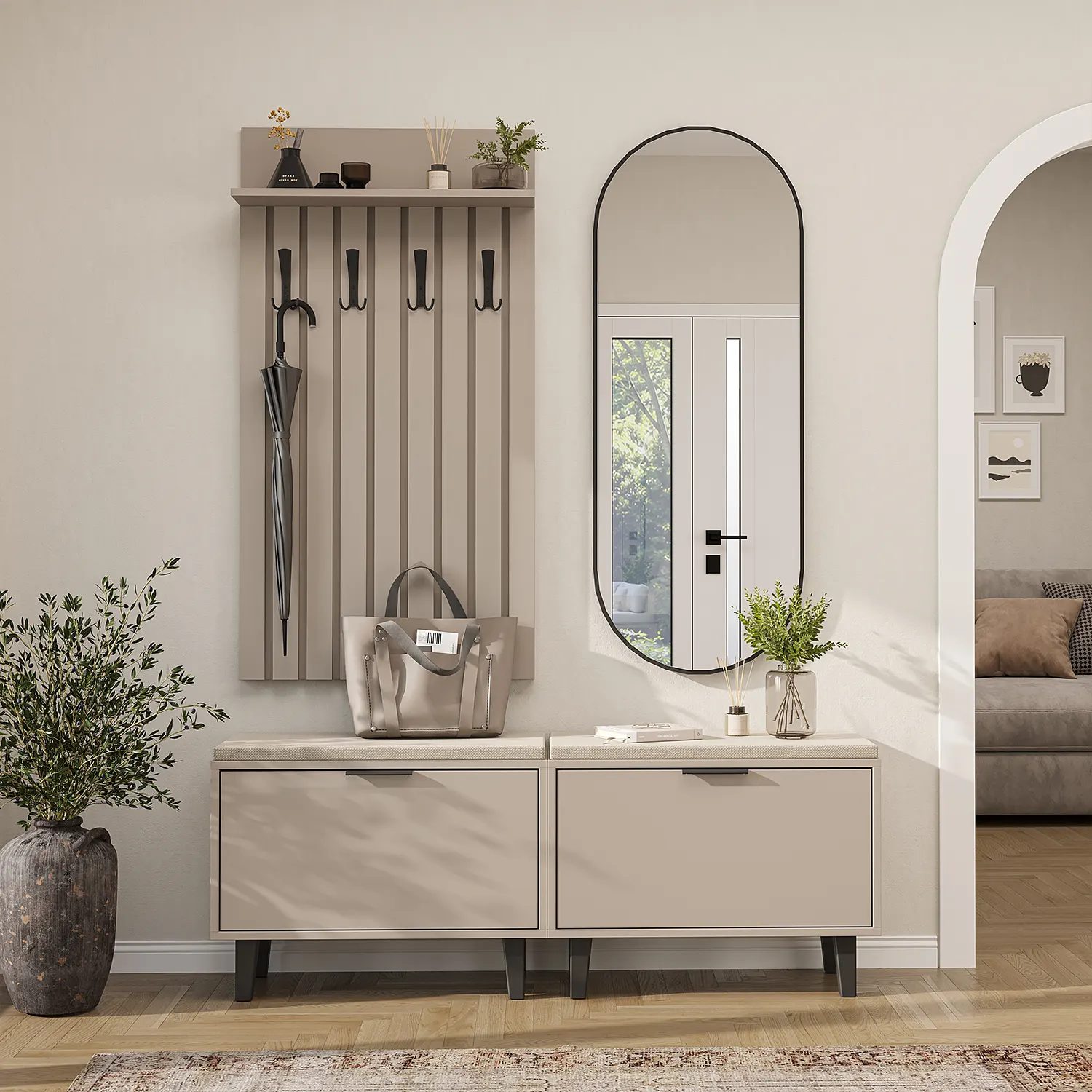 Nord Vestiyer Takımı Lambri Askılıklı, 2 Adet Kapaklı Bench, Modüler, Oval Aynalı Portmanto Takımı Kumtaşı Nord Vestiyer Takımı Lambri Askılıklı, 2 Adet Kapaklı Bench, Modüler, Oval Aynalı Portmanto Takımı Kumtaşı