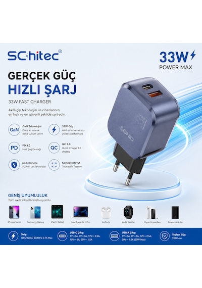 Schitec 33w Gan 3 Portlu Hızlı Şarj Adaptörü Usb-c + Usb-a + Lightning 1m Kablolu Set Siyah Q5