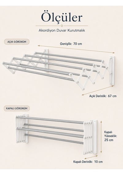 Akordiyon 70 Cm Duvara Monte Çamaşır Kurutma Askısı Beyaz