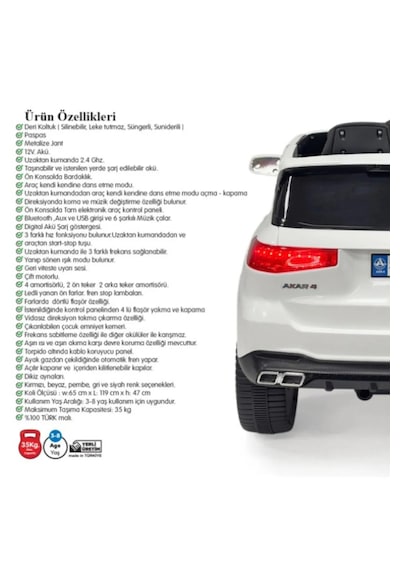 Admire 12v Uzaktan Kumandalı Suv Akülü Çocuk Arabası Beyaz