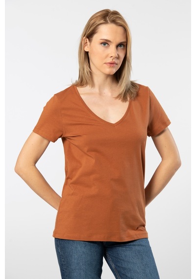 Wtshirt Milano Kısa Kol Derin V Yaka Kadın T-shirt Tarçın 001
