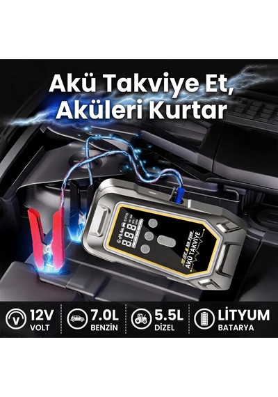 10.000 Mah Taşınabilir Akü Takviye Jump Starter Ve Lastik Şişirme Pompası Kompresör - 12v 7.0l Benzin / 5.5l Dizel Uyumlu