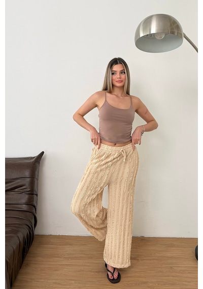 Giysa Kadın Beli Ayarlanabilir Fırfır Detaylı Çift Cepli Pantolon Bej - Ms0001626