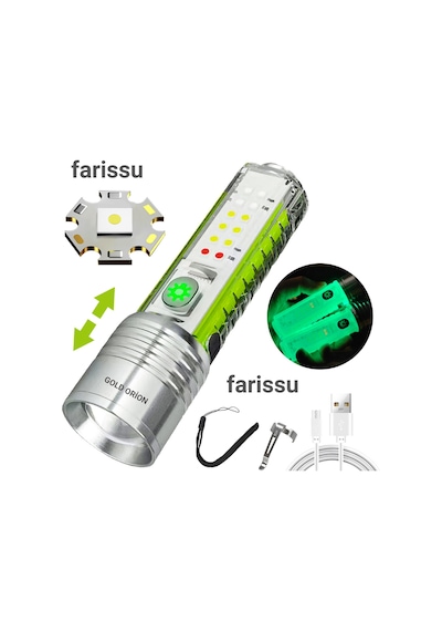 Gold Orion Or-520a Zoomlu Şarjlı El Feneri 50w Zoom Gücü 8 Mod Manyetik Tip-c Şarj Yeşil