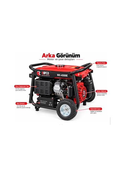 Algaride Rapc Wx-4500e Benzinli Jeneratör 4.5 Kva Uzaktan Kumandalı Marşlı İpli Monofaze 220v Tekerlekli Güç Ünitesi