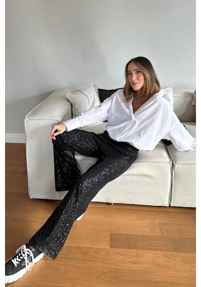 Unika Boutique Kadın Beli Lastikli Ve Pul Payetli Tasarım Bol Pantolon siyah