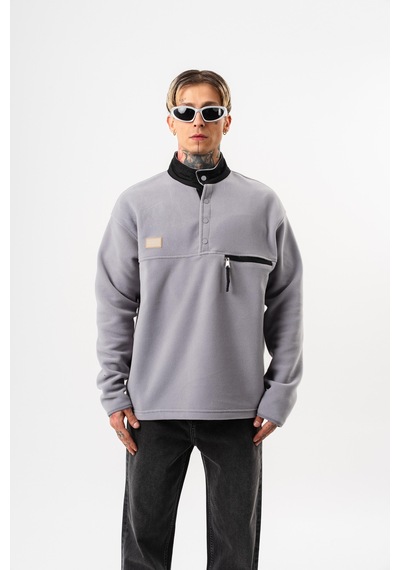 Respire Erkek Düğme Detaylı Oversize Polar Sweatshirt Gri