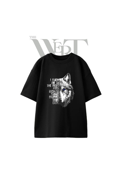Thewert Mavi Gozlu Kurt Tasarım Baskılı Ünisex Siyah Oversize T-shirt