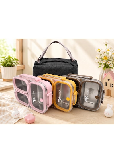 Valkyrie 304 Paslanmaz Çelik 3 Bölmeli Pembe Lunch Box Termal Çantalı Sızdırmaz Kapaklı Beslenme Kabı,