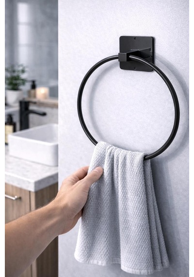 Yapışkanlı Yuvarlak Havluluk Banyo Mutfak Havlu Askılık Siyah Diğer