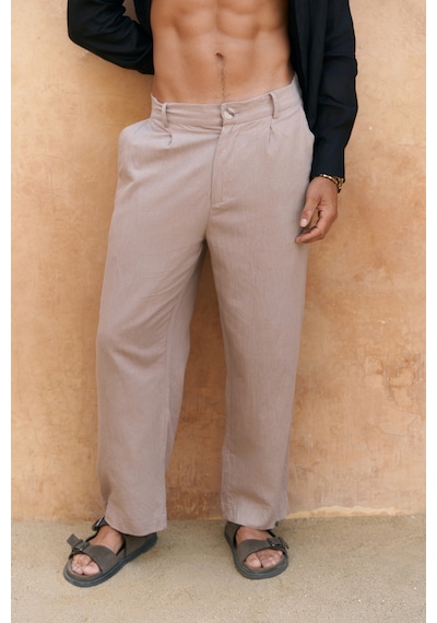 Mai Collection Mai Studios Co. Fyfaha Bol Paça Erkek Vizon Keten Pantolon VİZON
