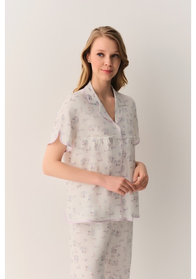 Suwen Butterfly Pamuklu Gömlek Yaka Pijama Takımı Sh26602660b338 Ekru