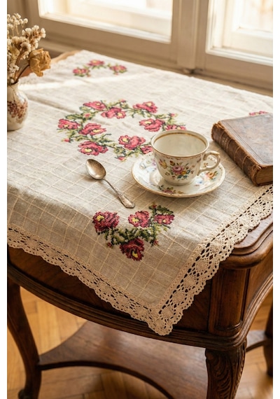 Handmade Kanaviçe İşlemeli Güpürlü Masa Örtüsü Monika Kumaş Nostalji Serisi Ekru