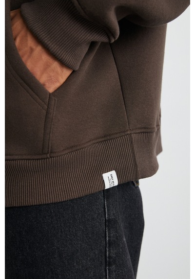 Grımelange CARTMEL Erkek Örme 3 İplik Relaxed Fit Rahat Kalıp Kanguru Cepli Kapüşonlu Kahverengi Sweatshirt