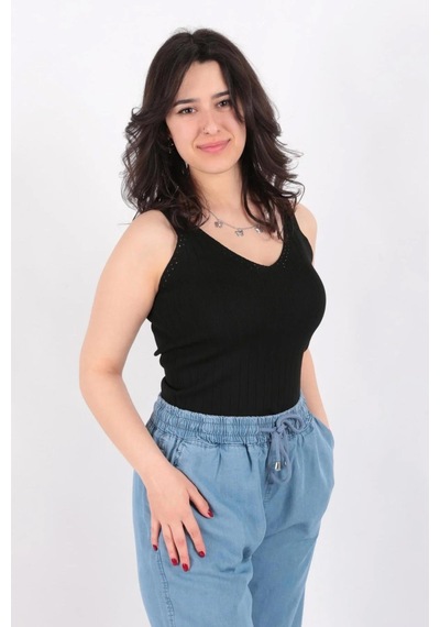 Fashion Friends V Yaka Askılı Bluz Siyah Siyah