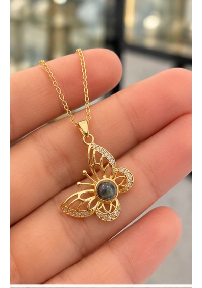 Kelebek Zirkon Taş Kolye Gold Çelik