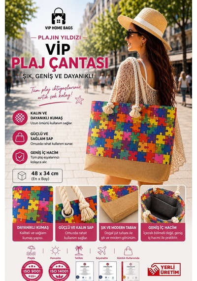Plaj Çantası Vip Çanta El Ve Omuz Çantası Piknik Çantası-puzzle Desenli