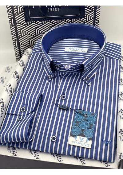 Slim Fit Uzun Kol Premium Kalın Çizgili Yaka Düğmeli Hediye Kutulu Kolay Ütülenebilir Erkek Gömlek Fs-001375 - Saks Mavi-1488