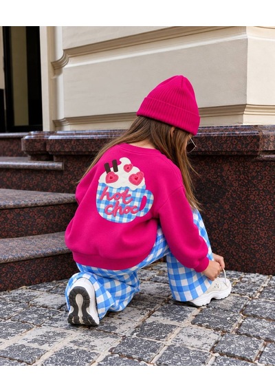 Hot Choc Baskılı Fuşya Sweatshirt Mavi Pötikare Eşofman Alt Üst Takım Süper Kalite Pembe
