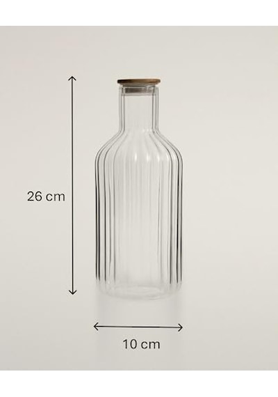 Çizgili Borosilikat Cam Karaf 1.5lt - Vakumlu Ahşap Kapaklı Sürahi - Isıya Dayanıklı Cam Su, Meşrubat Ve Baş