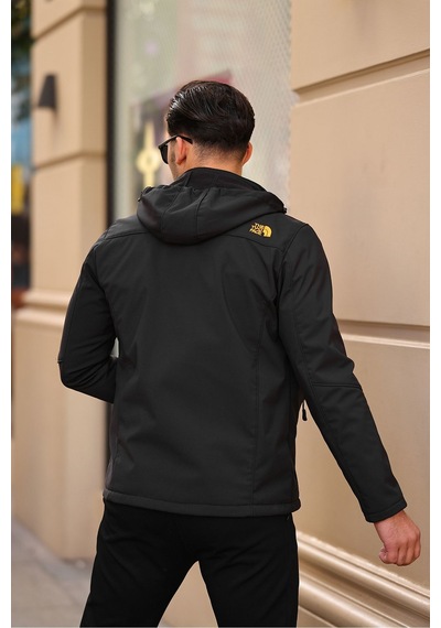 Erkek Mavi Kapüşonlu Softshell Su Ve Rüzgar Geçirmez Içi Kürklü Mont Siyah