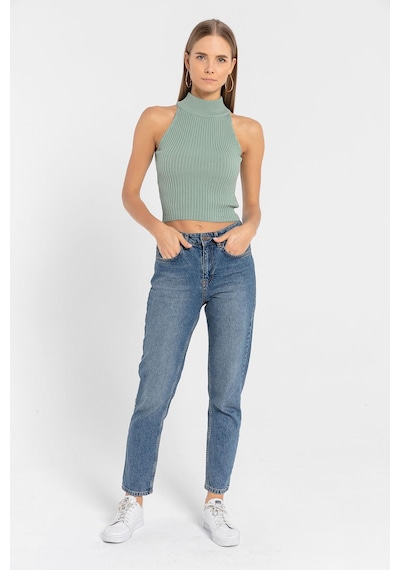 Miss Poem Kadın Kolsuz Slim Fit Boğazlı Fitilli Kısa Antrasit Triko Crop Yeşil