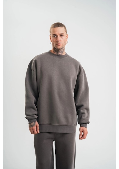 Erkek Uzun Kol Bisiklet Yaka 3 İplik Pamuklu Kışlık Sweatshirt - Füme