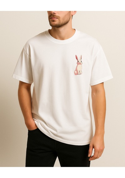 Kedi Ve Hayalet Baskılı T-shirt Beyaz
