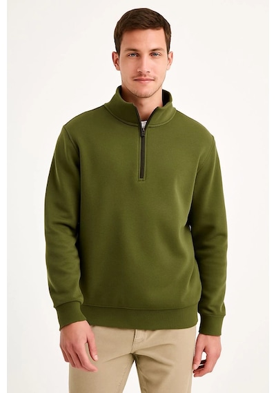 Barlashive Erkek Dik Yaka Sweatshirt Dik Yaka Yarım Fermuarlı 3 İplik Şardonlu Pamuk Kumaş - Haki Çok Renkli