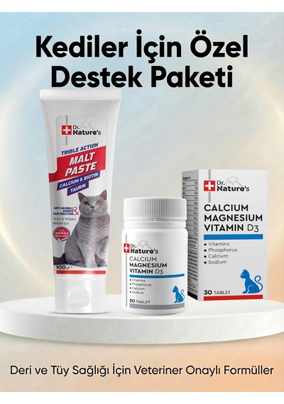 Kedi Malt Macunu + Kalsiyum Magnesium D3 Tablet Seti Tüy Yumağı, Kemik Ve Diş Sağlığı Destek Paketi