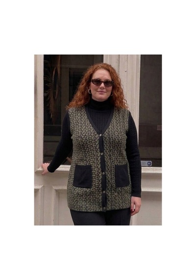 Onno Style Women Büyük Beden Çelik Örgü Klasik Leopar Desen Triko Kadın Yelek Siyah