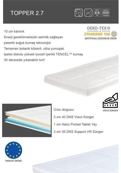 Topper 2.7 - Serinletici Soğuk & Tencel Kılıflı Nano Paket Yaylı Visco Yatak Pedi - Yıkanabilir Beyaz
