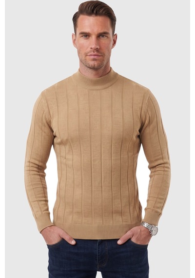 Rizzup Erkek Slim Fit Yarım Balıkçı Yaka Çizgi Dokulu Camel Triko Kazak 2505503