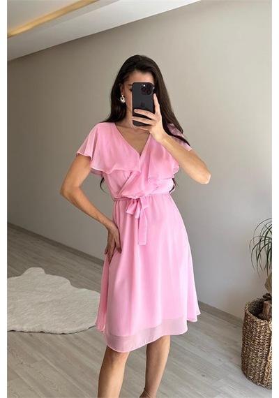 Neşeli Butik Kadın V Yaka Kuşaklı Mini Şifon Elbise Nm007 Pudra